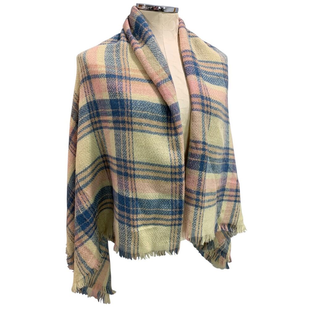 Soft Pastel Plaid Shawlβ Fringed 56" Square Wrap